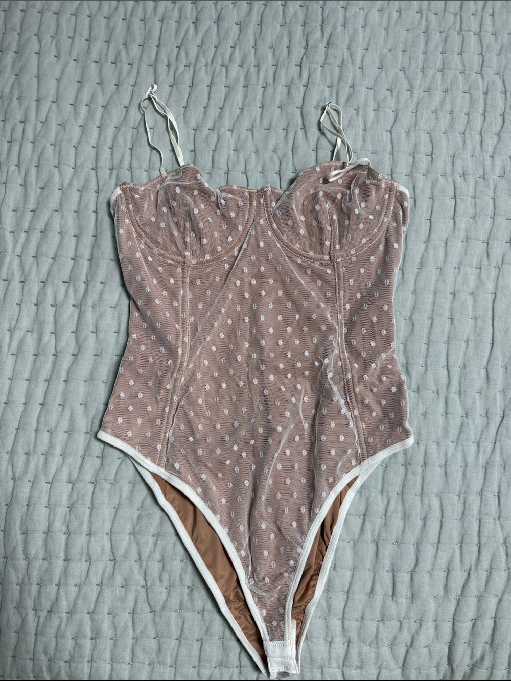 White Fox Boutique Blush Pink Sheer Polka Dot Bodysuit